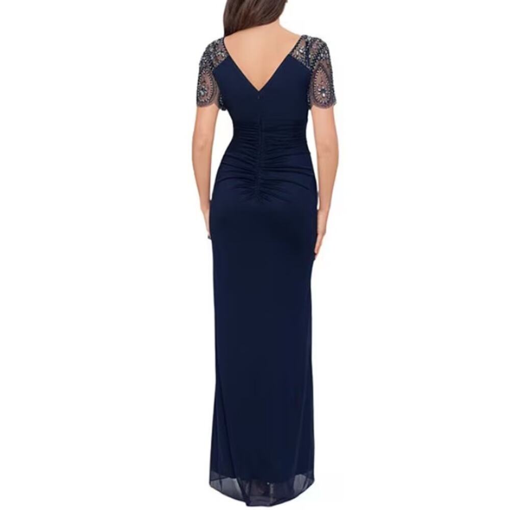 Xscape Women's Navy Sheer Flutter Sleeve V-Neck Beaded Slim Gown Size 10 - Picture 2 of 10